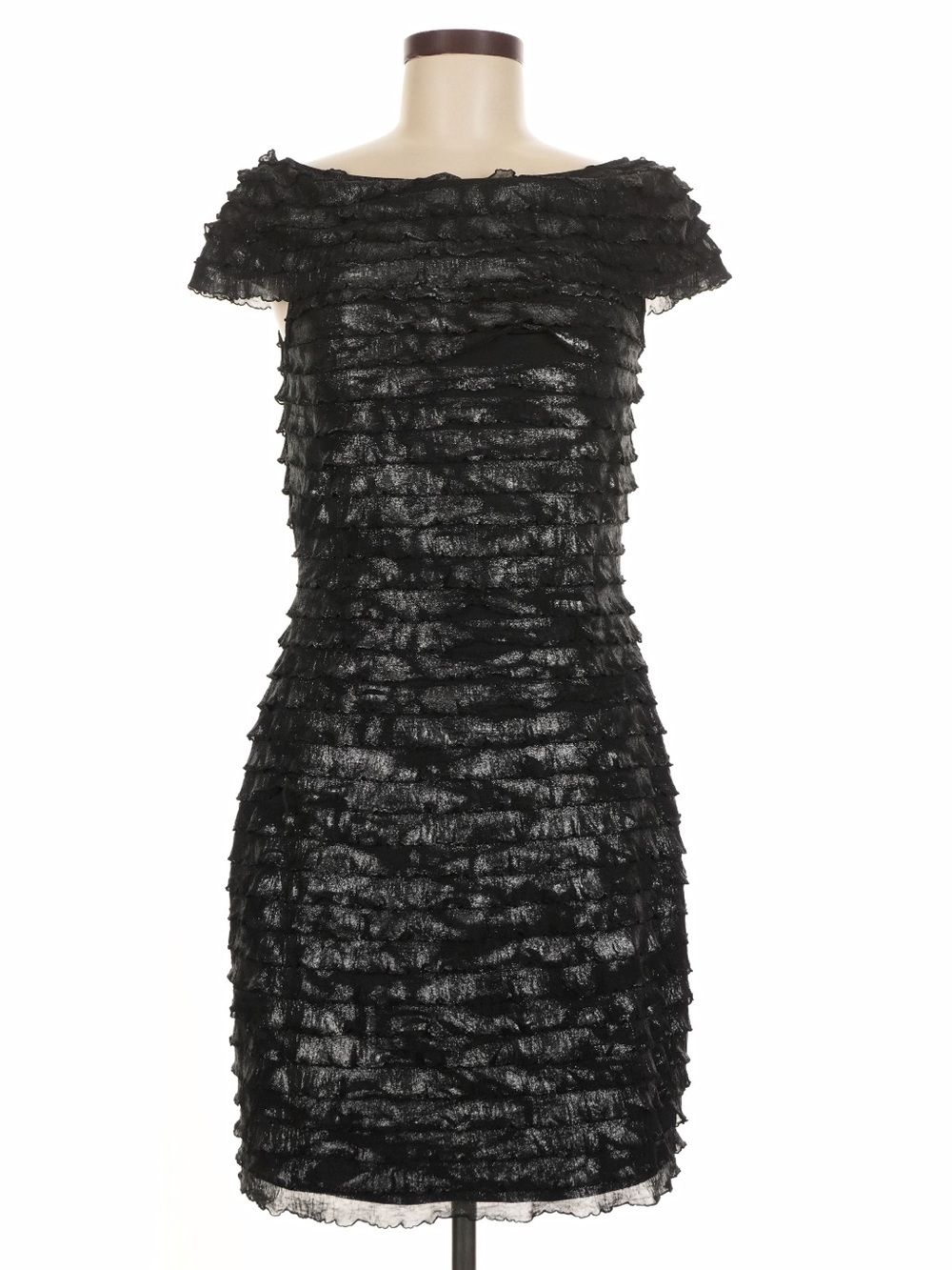 Cachet Black Shimmer Tiered Ruffle Cap Sleeve Sheath Cocktail Party Dress Sz 8